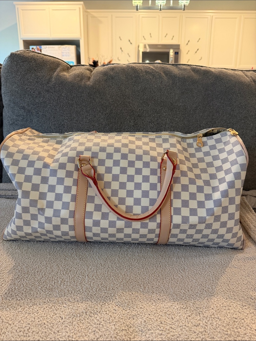 Checked Canvas Travel Duffel Bag in White/Gray